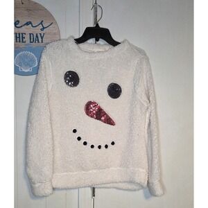 Ultra Flirt Womens Snowman Faux Fur Sherpa Sweater White Sequin Christmas Medium